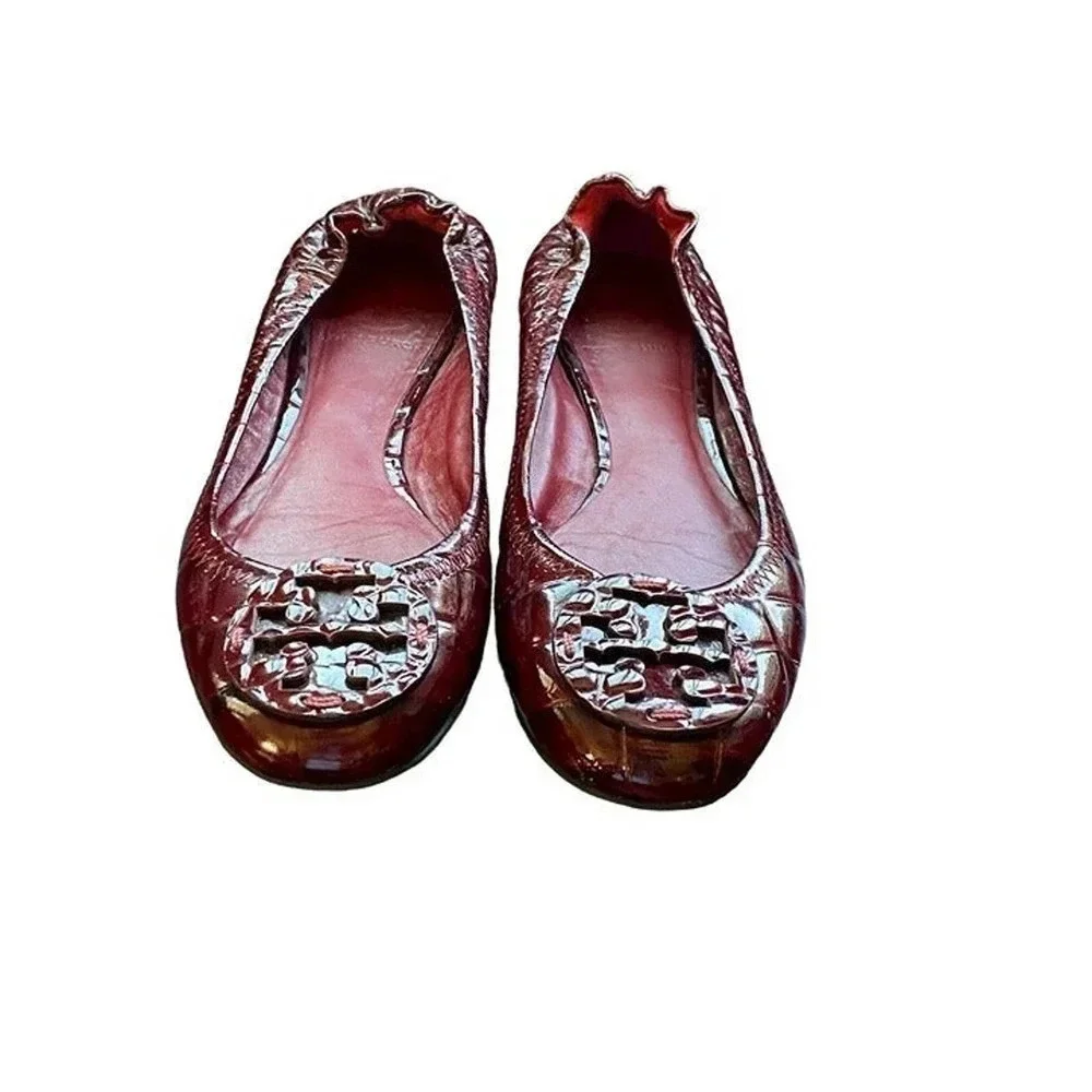 Tory Burch Minnie Travel Ballet Leather Burgundy Womens Casual US 6 M Slip Ons